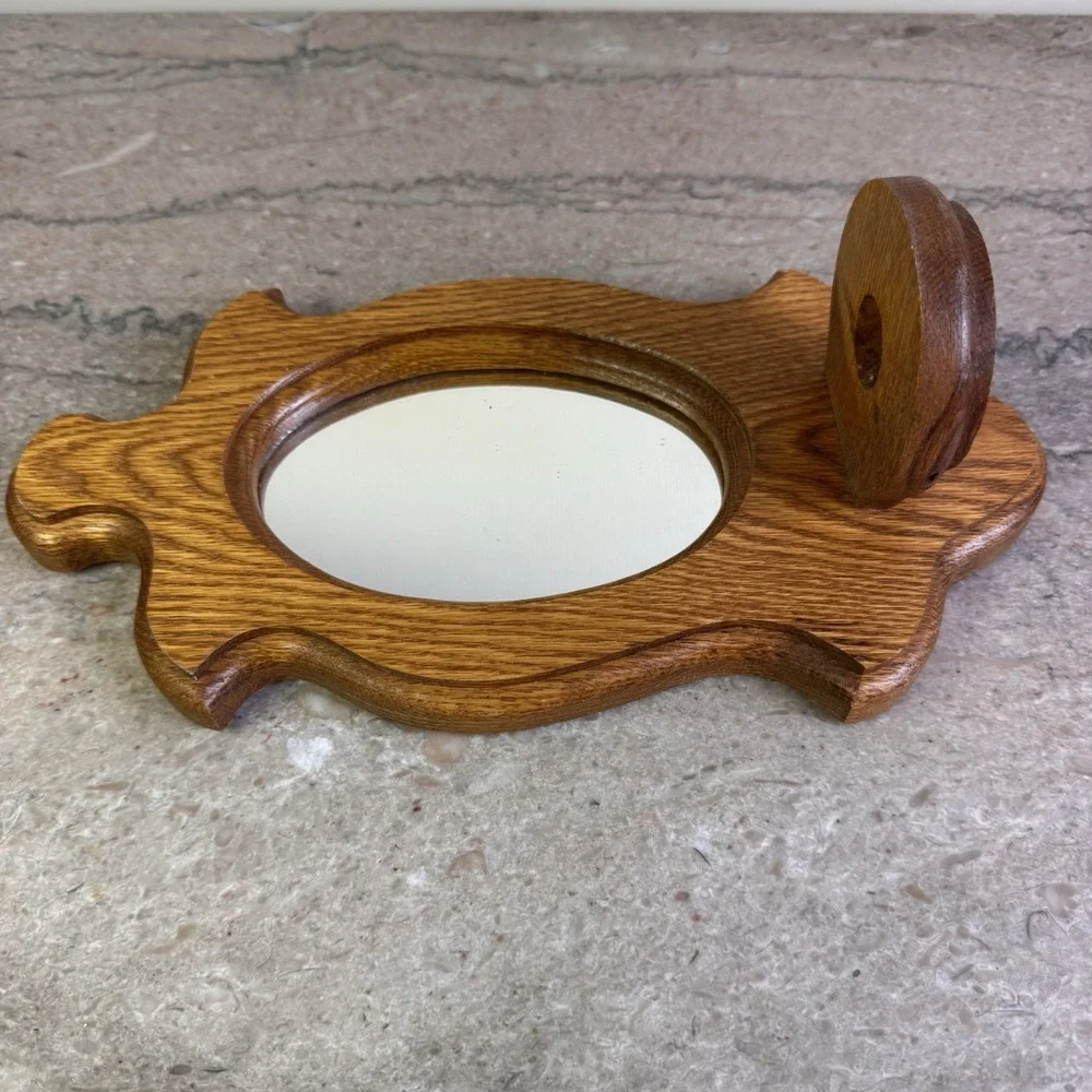 Vtg Oak Wall Mirror Shelf Oval Wood Entryway Bathroom Farmhouse Decor Handmade